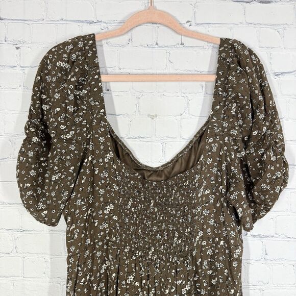 Cottage Milkmaid Midi Dress Women Plus 3X Brown Floral Puff Sleeve Prairie - Picture 6 of 14